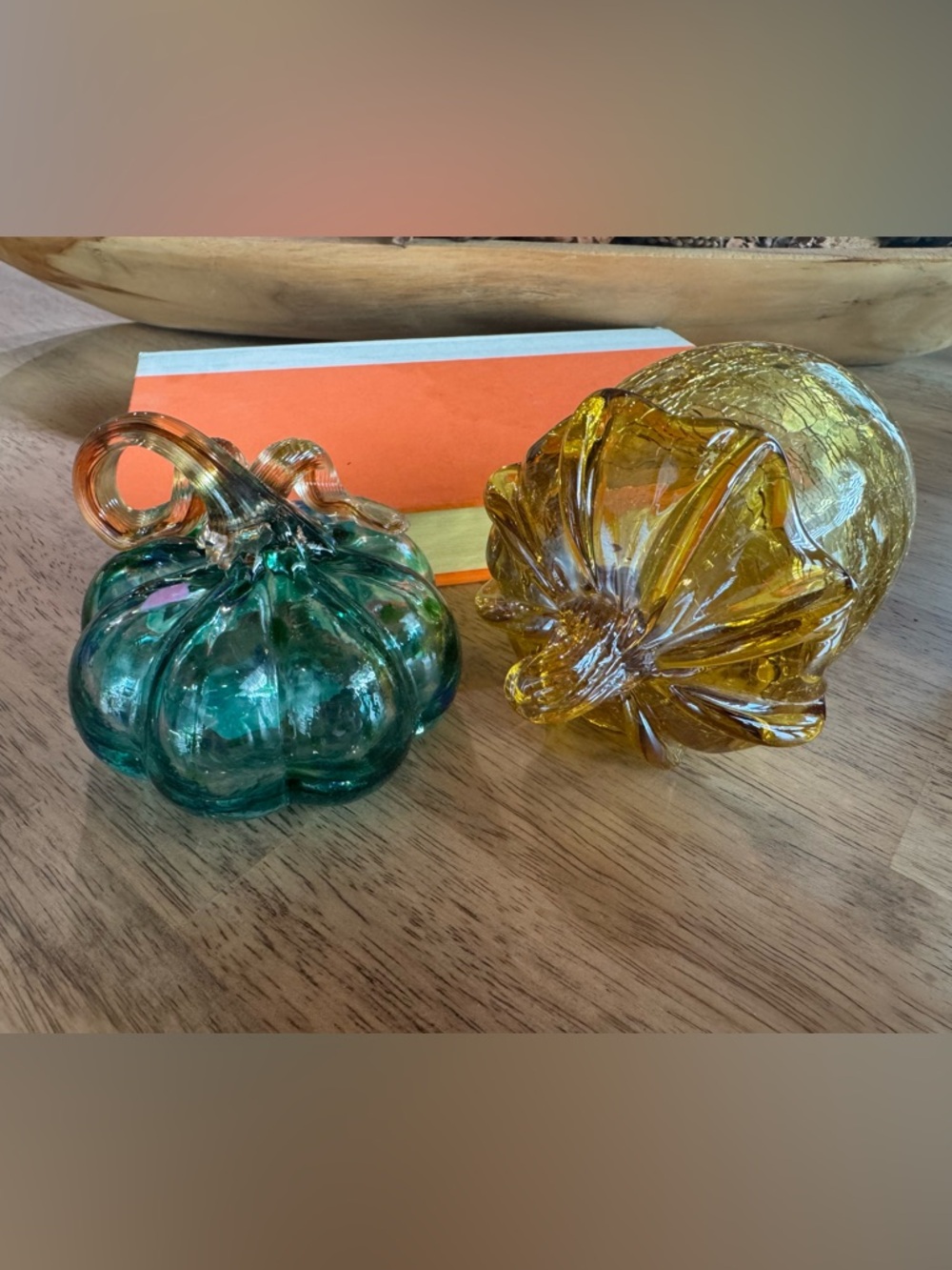 Handblown Glass Pumpkin Pair - Teal & Amber